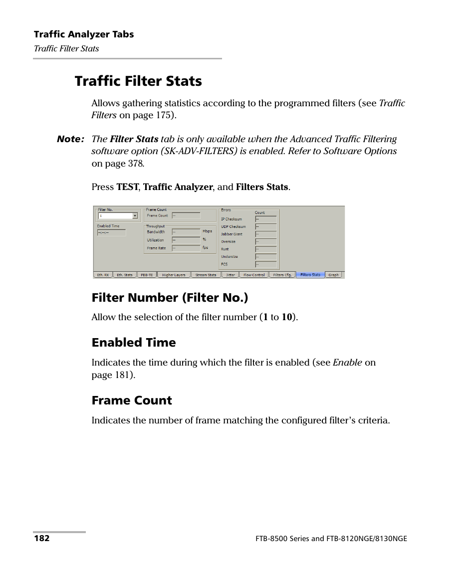 Traffic filter stats, Filter number (filter no.), Enabled time | Frame count | EXFO FTB-8500 Series for FTB-500 User Manual | Page 196 / 544