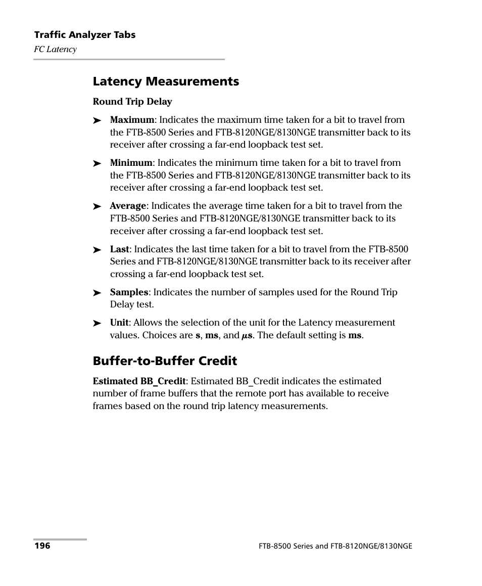 Latency measurements, Buffer-to-buffer credit | EXFO FTB-8500 Series for FTB-500 User Manual | Page 210 / 544