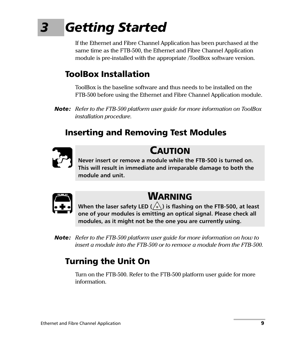 3 getting started, Toolbox installation, Inserting and removing test modules | Turning the unit on, 3getting started, Aution, Arning | EXFO FTB-8500 Series for FTB-500 User Manual | Page 23 / 544