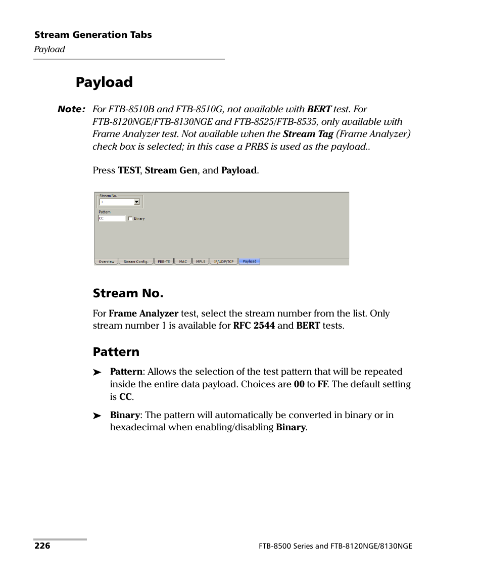 Payload, Stream no, Pattern | EXFO FTB-8500 Series for FTB-500 User Manual | Page 240 / 544