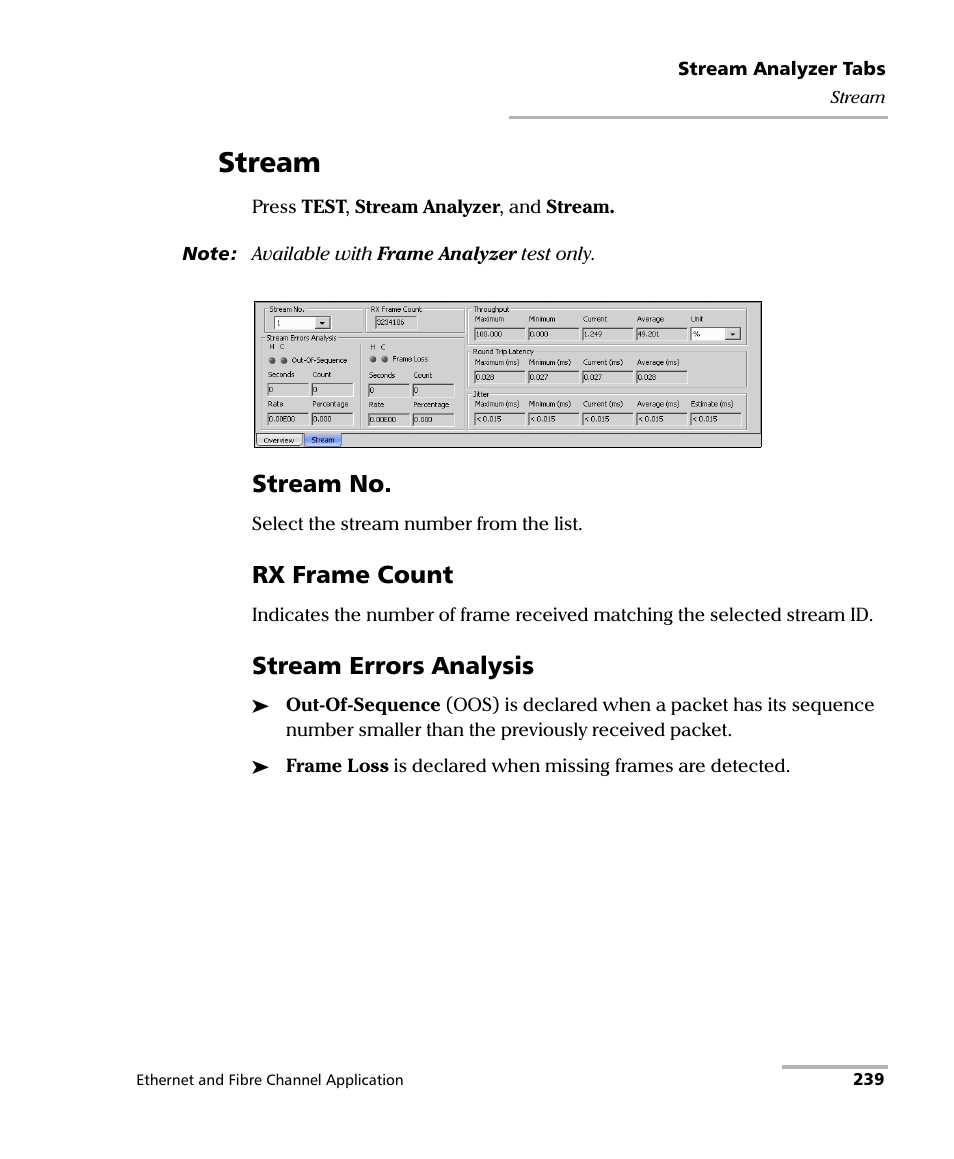 Stream, Stream no, Rx frame count | Stream errors analysis | EXFO FTB-8500 Series for FTB-500 User Manual | Page 253 / 544