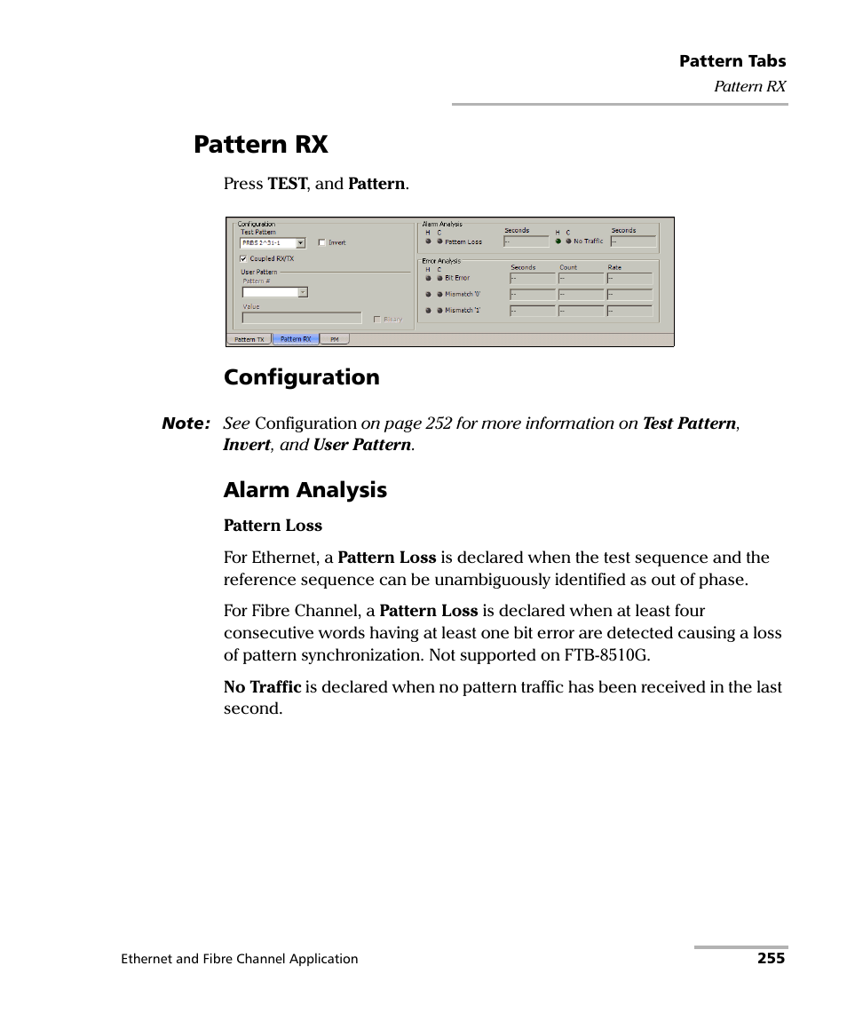 Pattern rx, Configuration, Alarm analysis | EXFO FTB-8500 Series for FTB-500 User Manual | Page 269 / 544