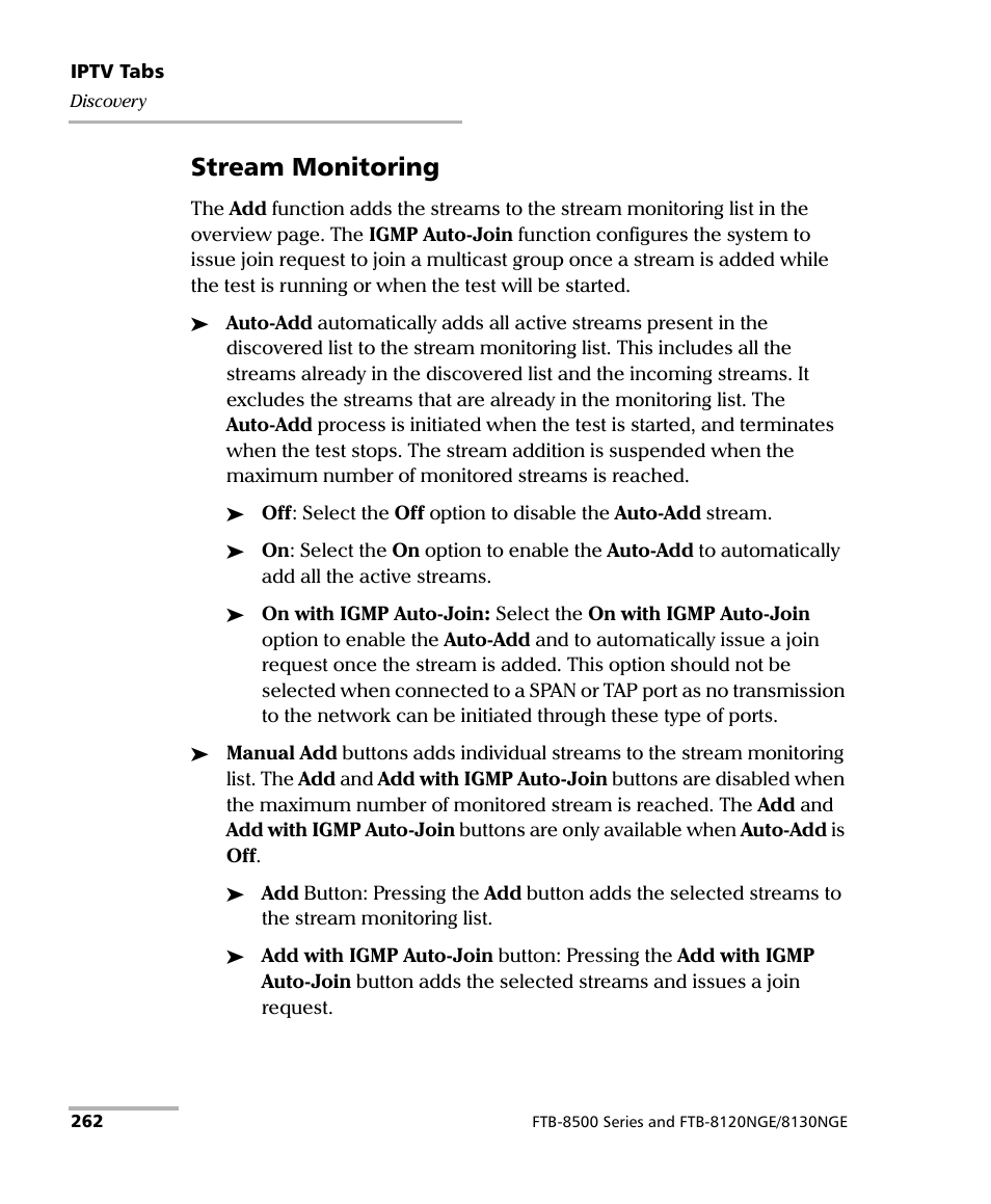 Stream monitoring | EXFO FTB-8500 Series for FTB-500 User Manual | Page 276 / 544