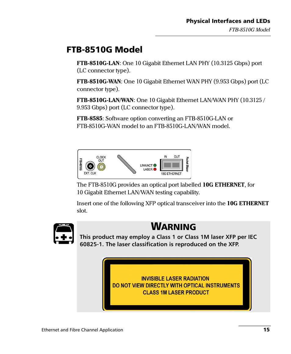 Ftb-8510g model, Arning | EXFO FTB-8500 Series for FTB-500 User Manual | Page 29 / 544