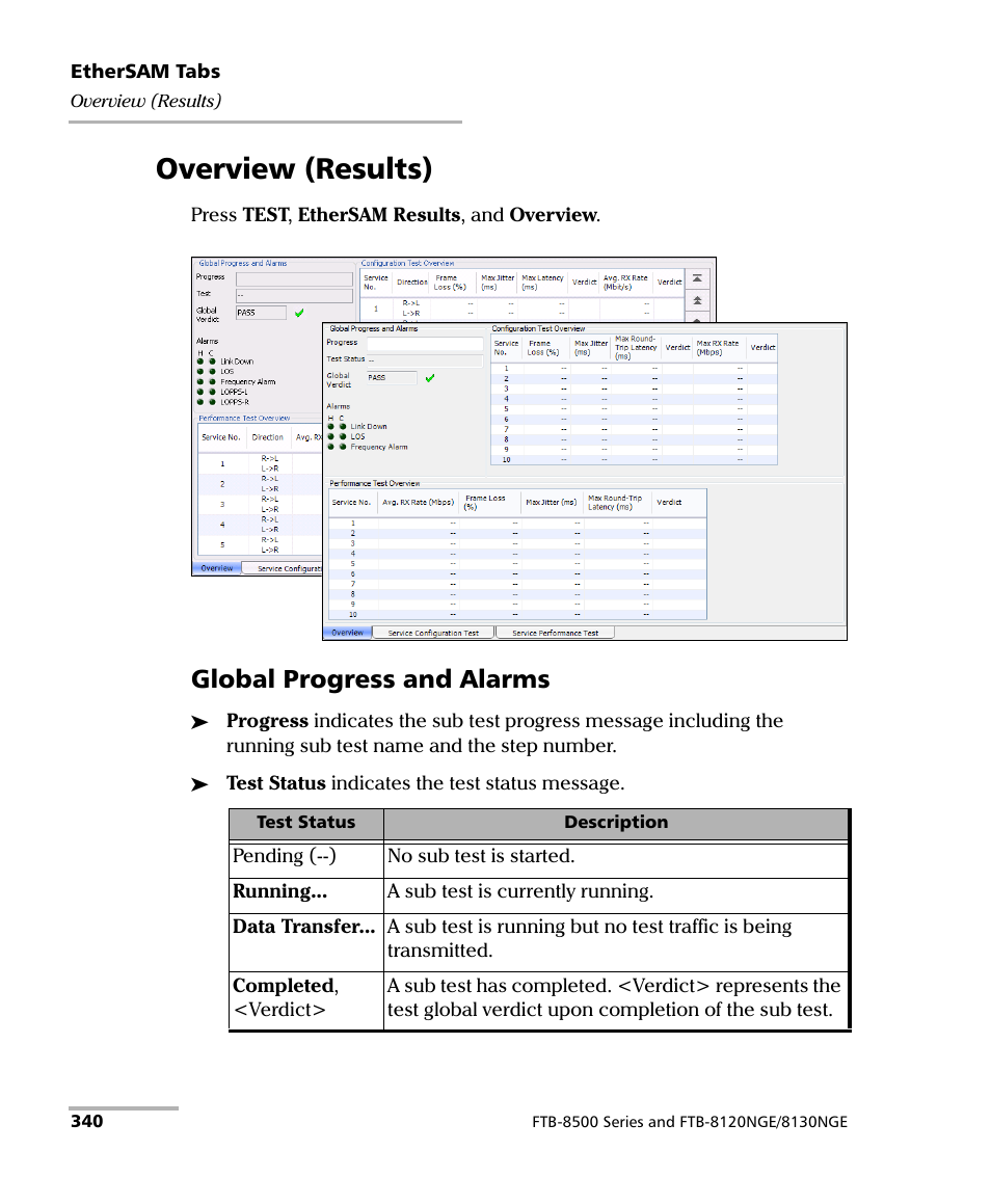 Overview (results), Global progress and alarms | EXFO FTB-8500 Series for FTB-500 User Manual | Page 354 / 544