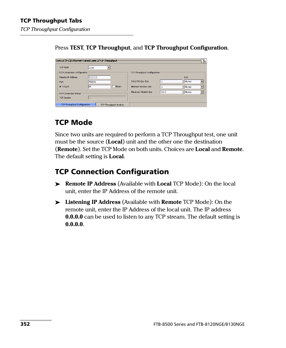 Tcp mode, Tcp connection configuration | EXFO FTB-8500 Series for FTB-500 User Manual | Page 366 / 544