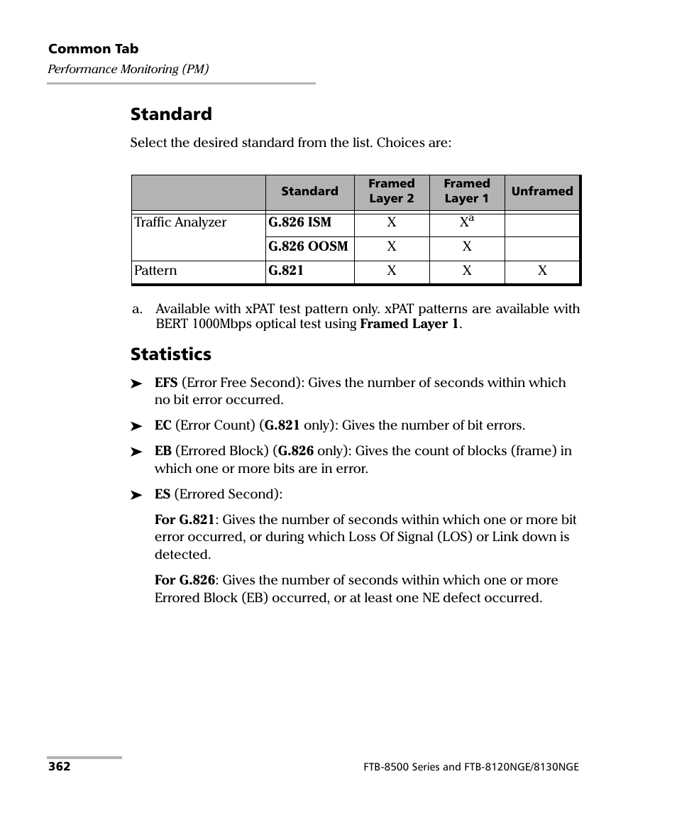 Standard, Statistics | EXFO FTB-8500 Series for FTB-500 User Manual | Page 376 / 544