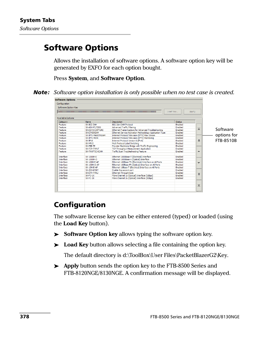 Software options, Configuration | EXFO FTB-8500 Series for FTB-500 User Manual | Page 392 / 544