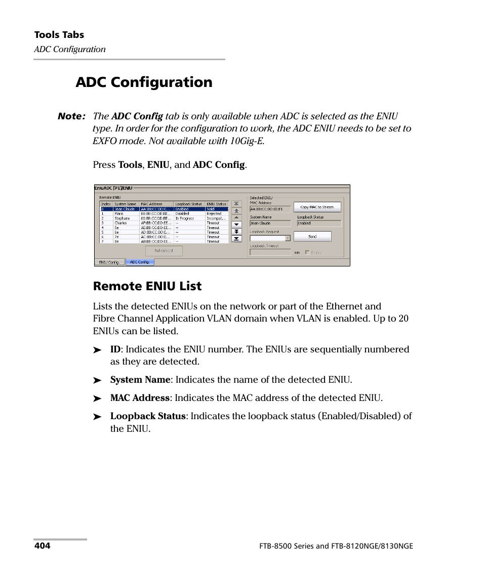 Adc configuration, Remote eniu list | EXFO FTB-8500 Series for FTB-500 User Manual | Page 418 / 544