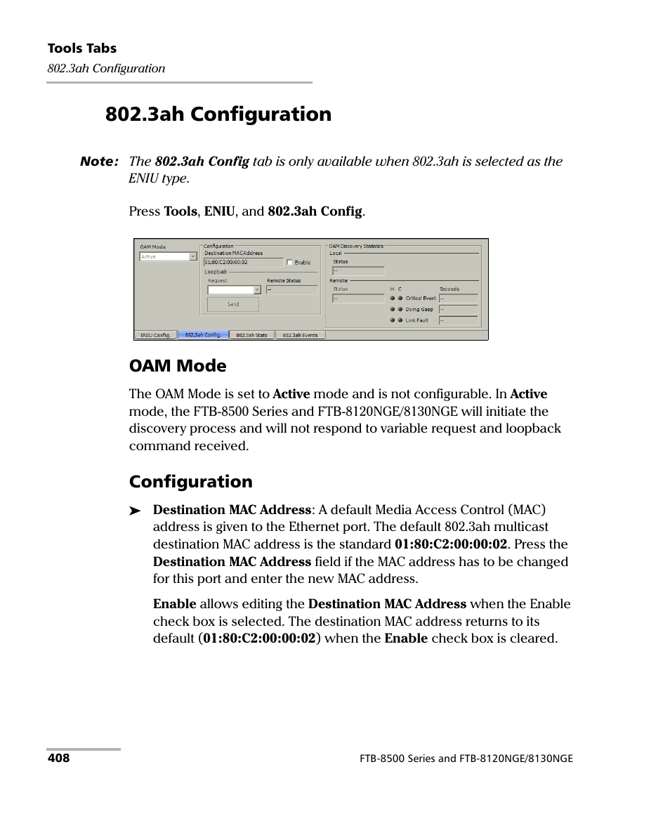 3ah configuration, Oam mode, Configuration | EXFO FTB-8500 Series for FTB-500 User Manual | Page 422 / 544