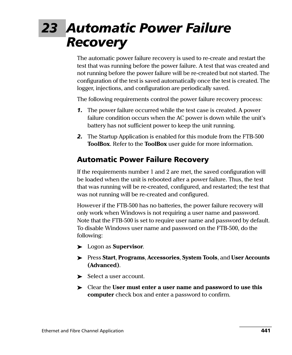 23 automatic power failure recovery, Automatic power failure recovery | EXFO FTB-8500 Series for FTB-500 User Manual | Page 455 / 544