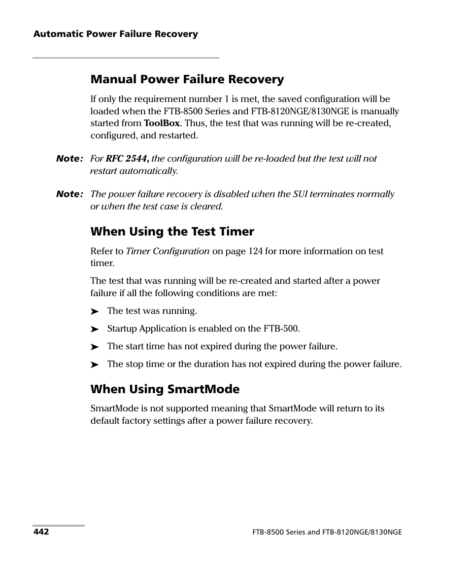 Manual power failure recovery, When using the test timer, When using smartmode | EXFO FTB-8500 Series for FTB-500 User Manual | Page 456 / 544