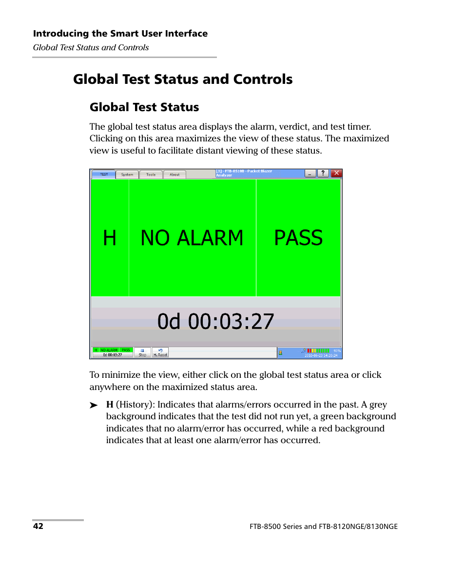 Global test status and controls, Global test status | EXFO FTB-8500 Series for FTB-500 User Manual | Page 56 / 544