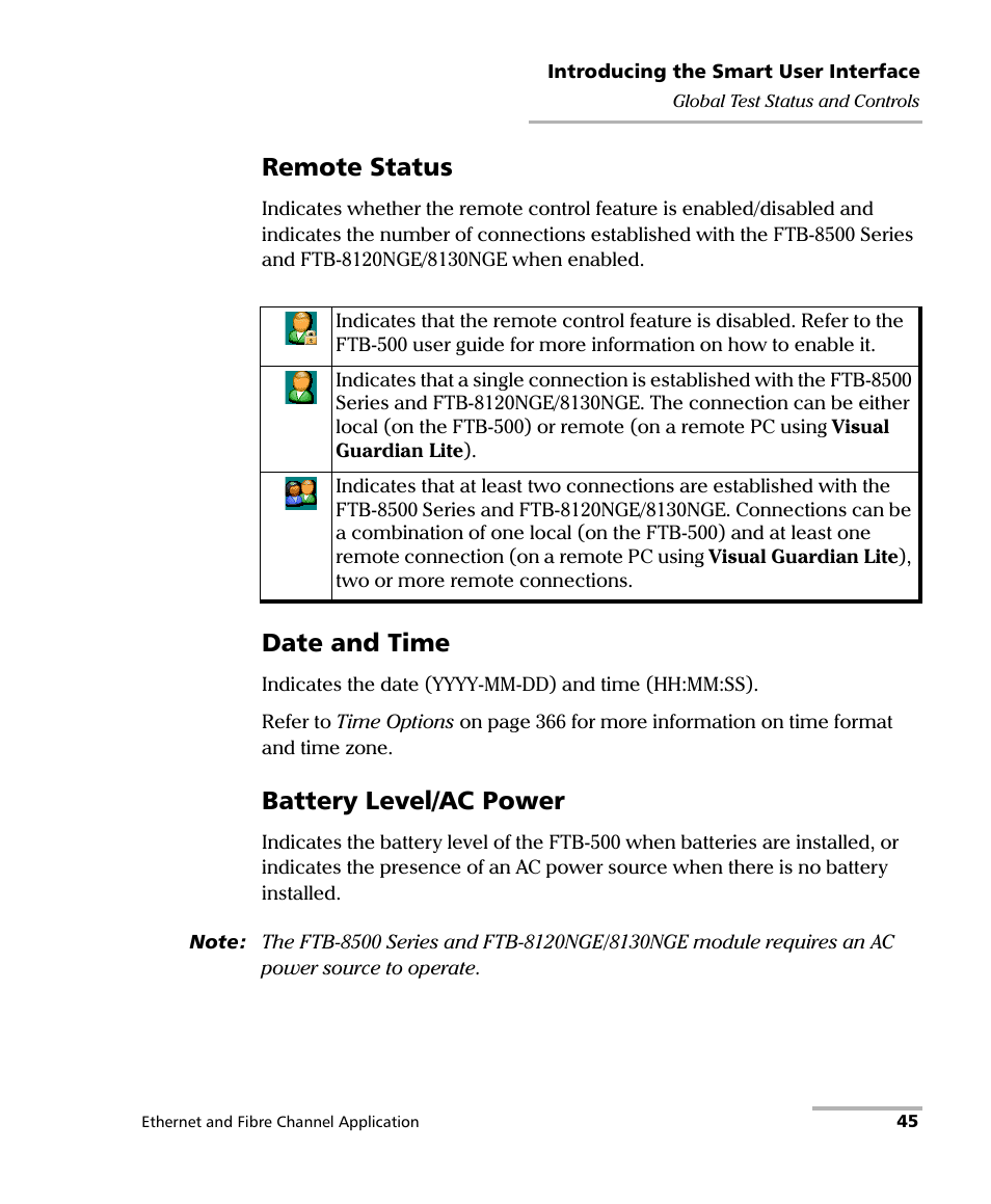 Remote status, Date and time, Battery level/ac power | EXFO FTB-8500 Series for FTB-500 User Manual | Page 59 / 544