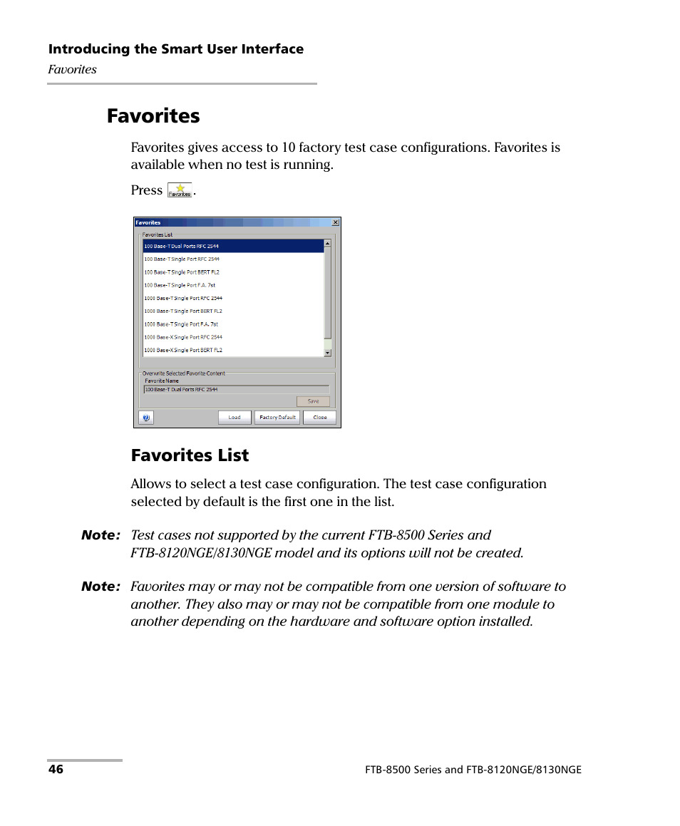 Favorites, Favorites list | EXFO FTB-8500 Series for FTB-500 User Manual | Page 60 / 544