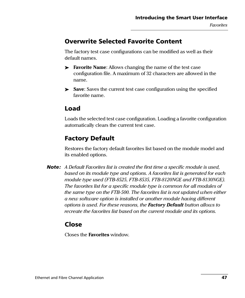 Overwrite selected favorite content, Load, Factory default | Close | EXFO FTB-8500 Series for FTB-500 User Manual | Page 61 / 544