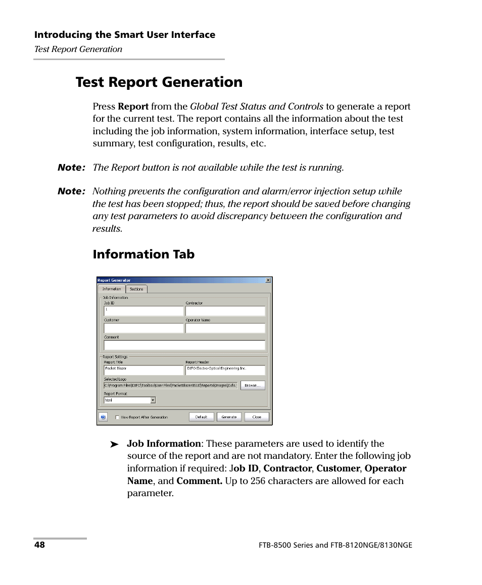 Test report generation, Information tab, Test report generation on | EXFO FTB-8500 Series for FTB-500 User Manual | Page 62 / 544