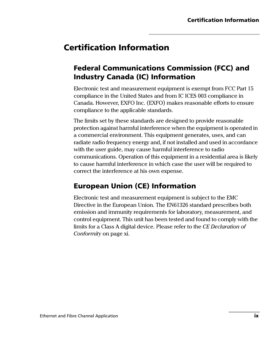 Certification information, European union (ce) information | EXFO FTB-8500 Series for FTB-500 User Manual | Page 9 / 544