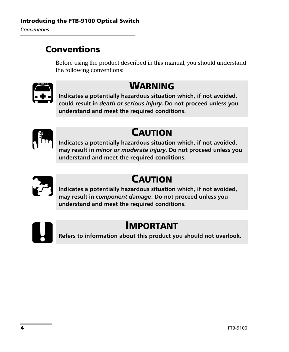 Conventions, Arning, Aution | Mportant | EXFO FTB-9100 for FTB-500 Optical Switch User Manual | Page 10 / 72