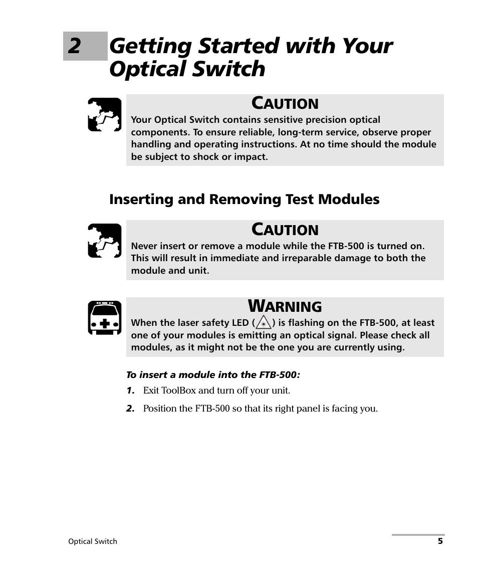 2 getting started with your optical switch, Inserting and removing test modules, 2getting started with your optical switch | EXFO FTB-9100 for FTB-500 Optical Switch User Manual | Page 11 / 72