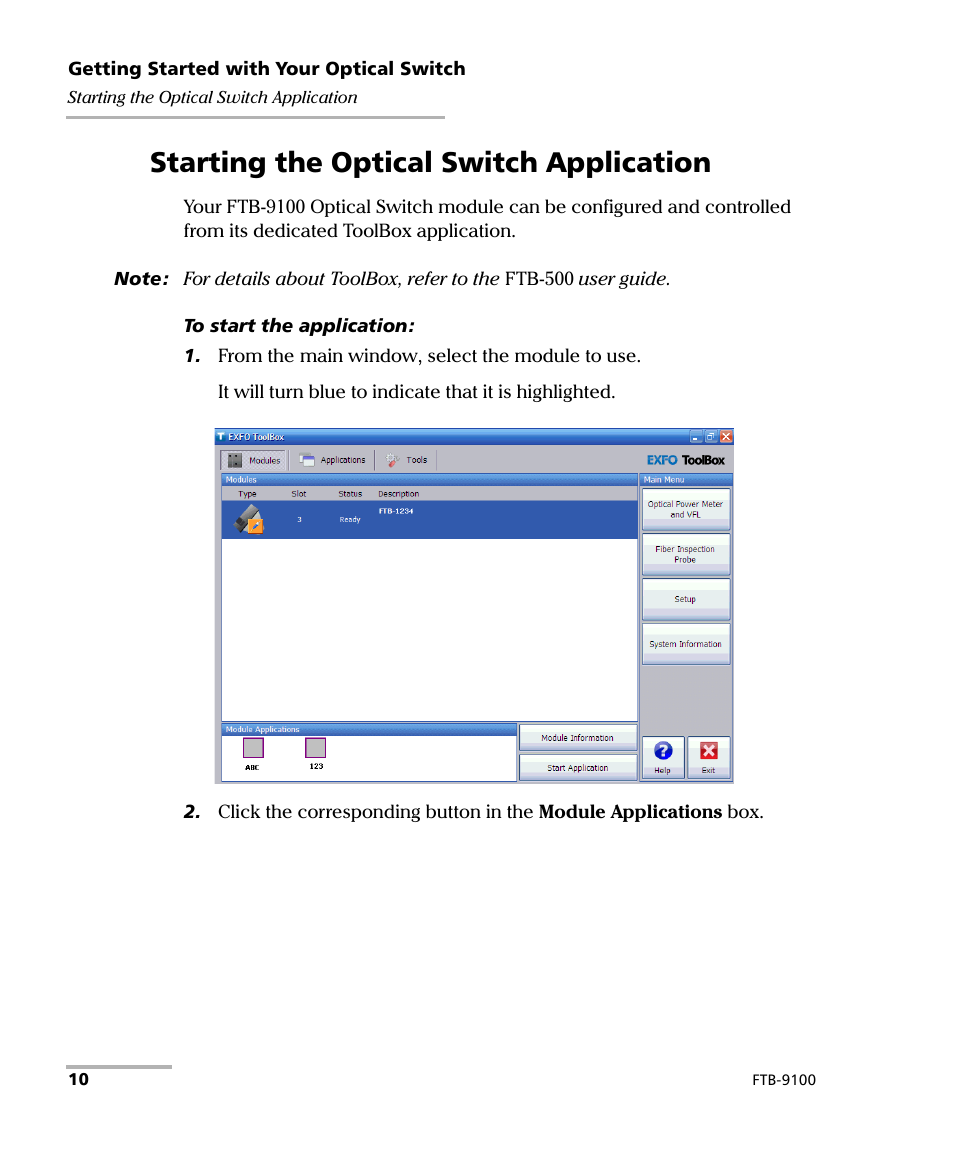 Starting the optical switch application | EXFO FTB-9100 for FTB-500 Optical Switch User Manual | Page 16 / 72