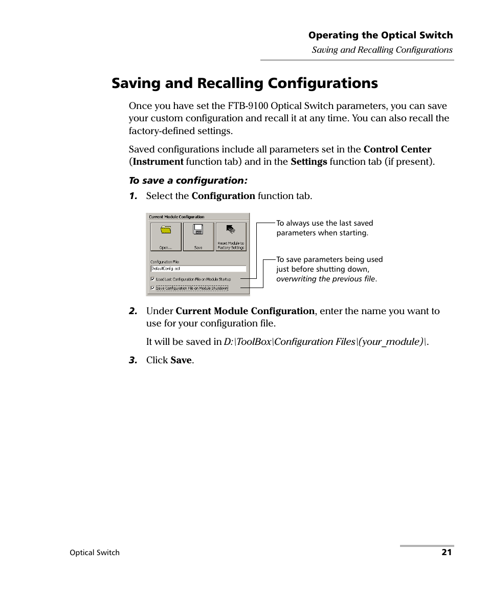 Saving and recalling configurations | EXFO FTB-9100 for FTB-500 Optical Switch User Manual | Page 27 / 72