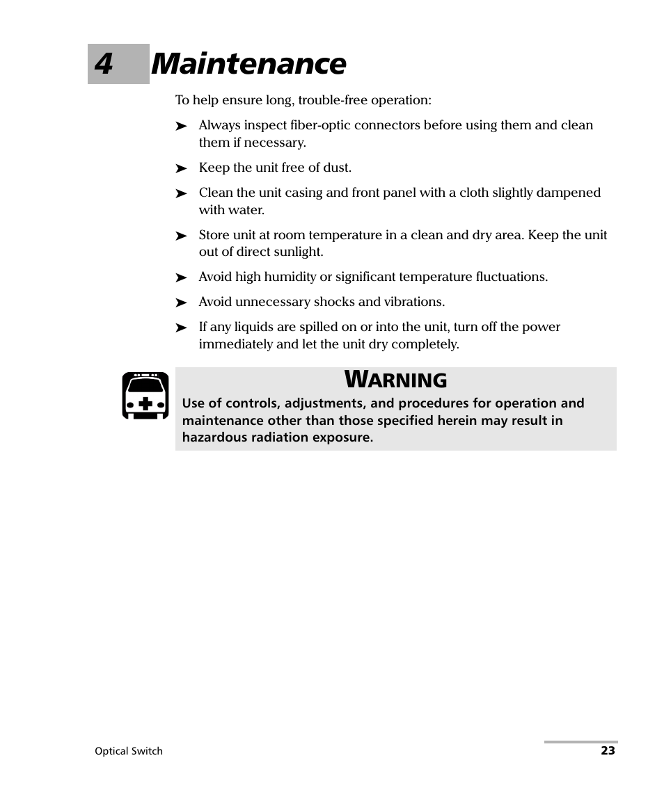 4 maintenance, 4maintenance, Arning | EXFO FTB-9100 for FTB-500 Optical Switch User Manual | Page 29 / 72