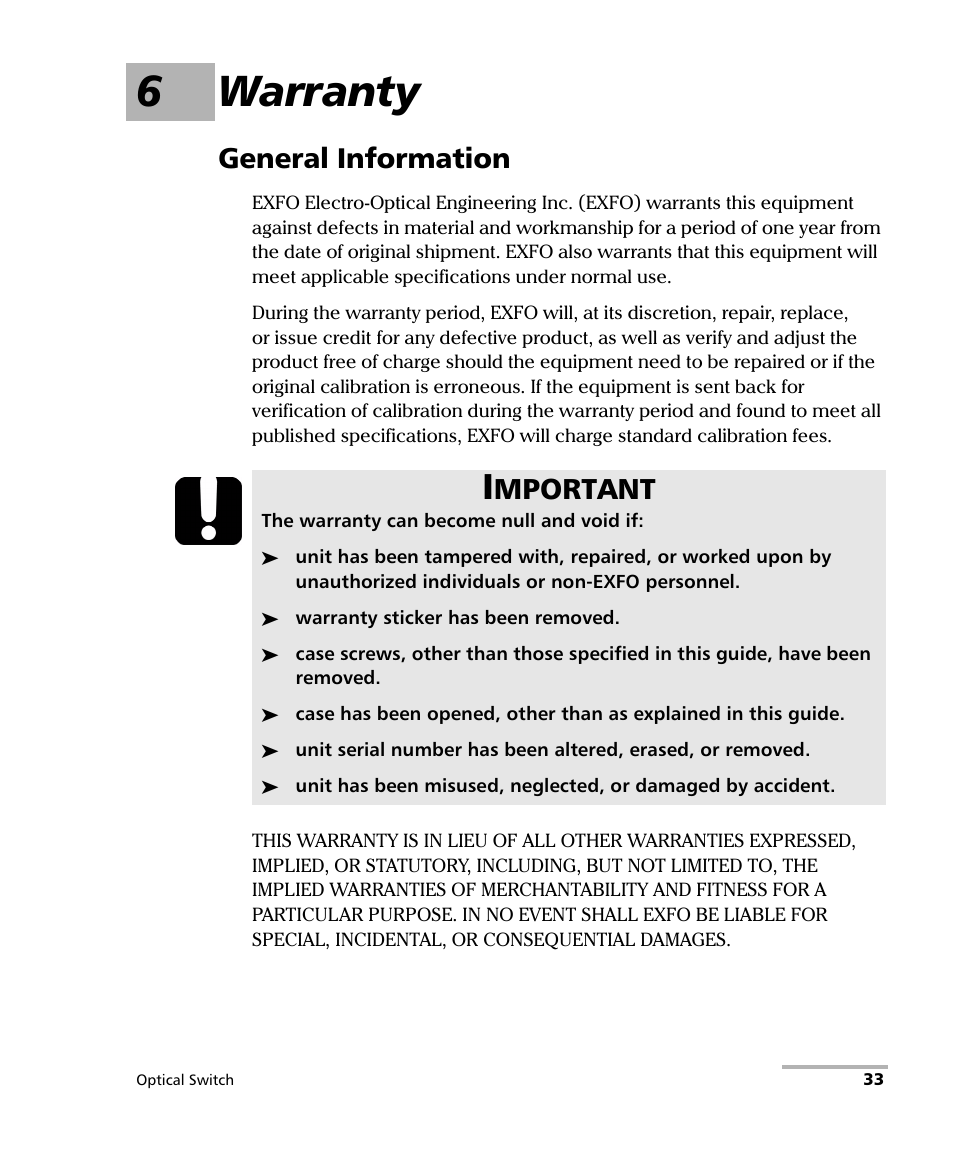 6 warranty, General information, 6warranty | Mportant | EXFO FTB-9100 for FTB-500 Optical Switch User Manual | Page 39 / 72