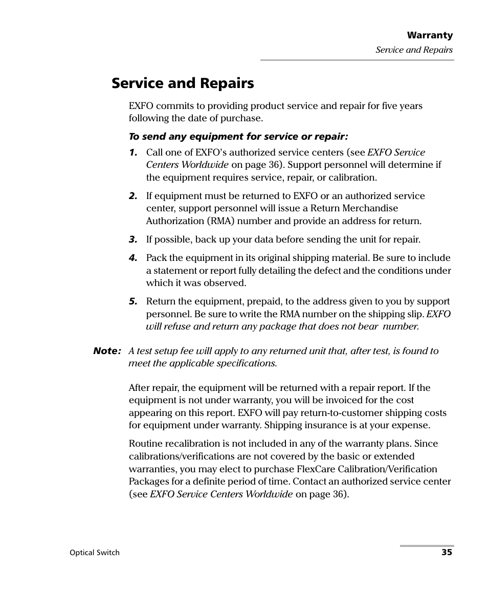 Service and repairs | EXFO FTB-9100 for FTB-500 Optical Switch User Manual | Page 41 / 72