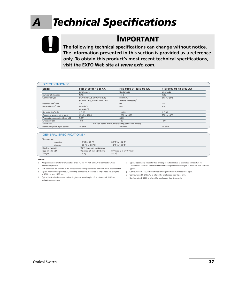 A technical specifications, Mportant, Optical switch | EXFO FTB-9100 for FTB-500 Optical Switch User Manual | Page 43 / 72