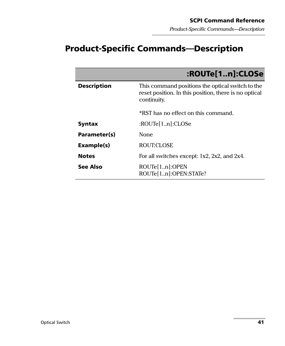 Product-specific commands-description, Product-specific commands—description, Route[1..n]:close | EXFO FTB-9100 for FTB-500 Optical Switch User Manual | Page 47 / 72