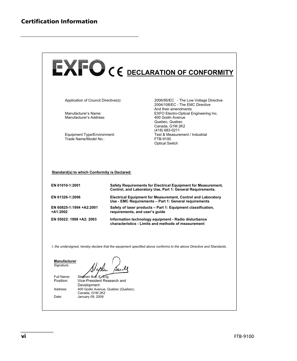 Declaration of conformity, Certification information, Ftb-9100 | EXFO FTB-9100 for FTB-500 Optical Switch User Manual | Page 6 / 72