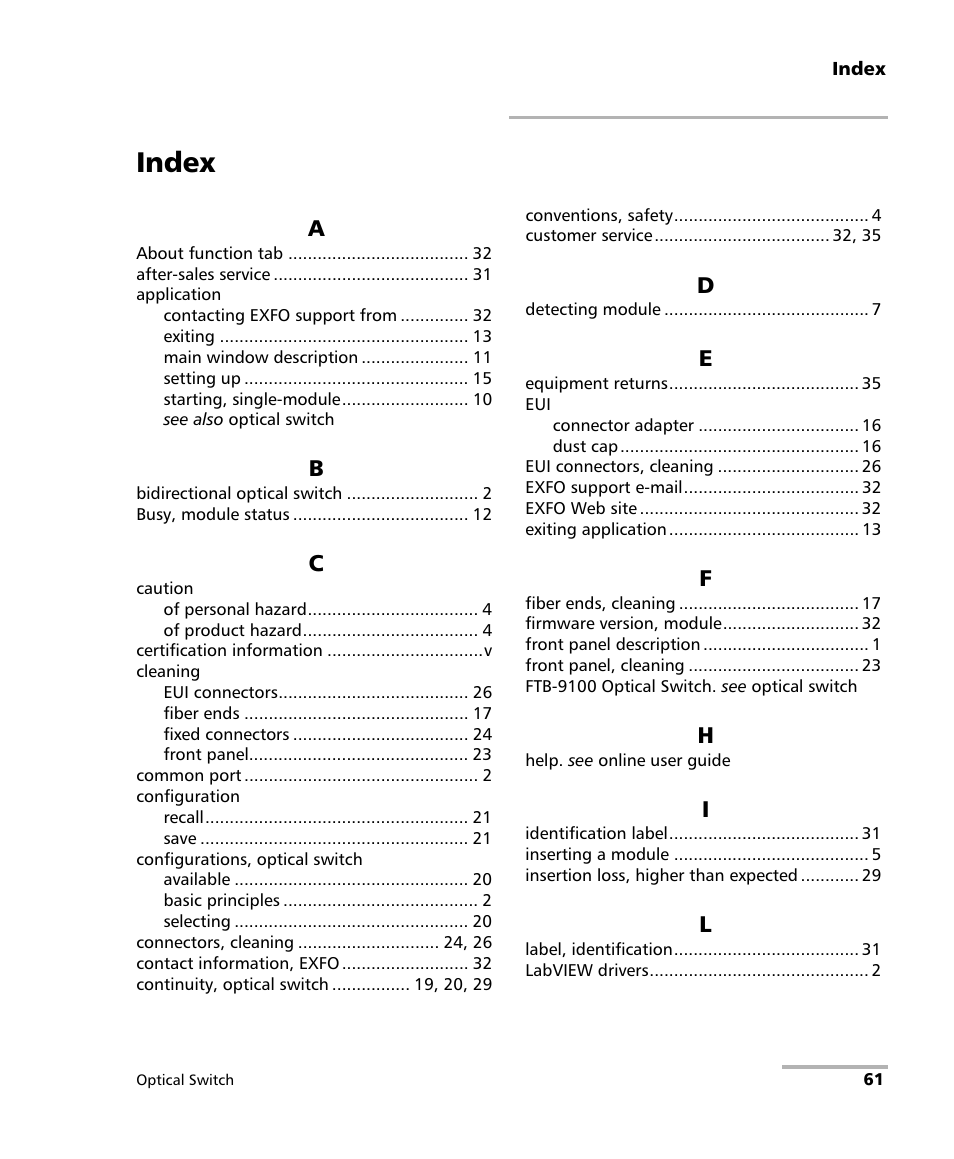 Index | EXFO FTB-9100 for FTB-500 Optical Switch User Manual | Page 67 / 72