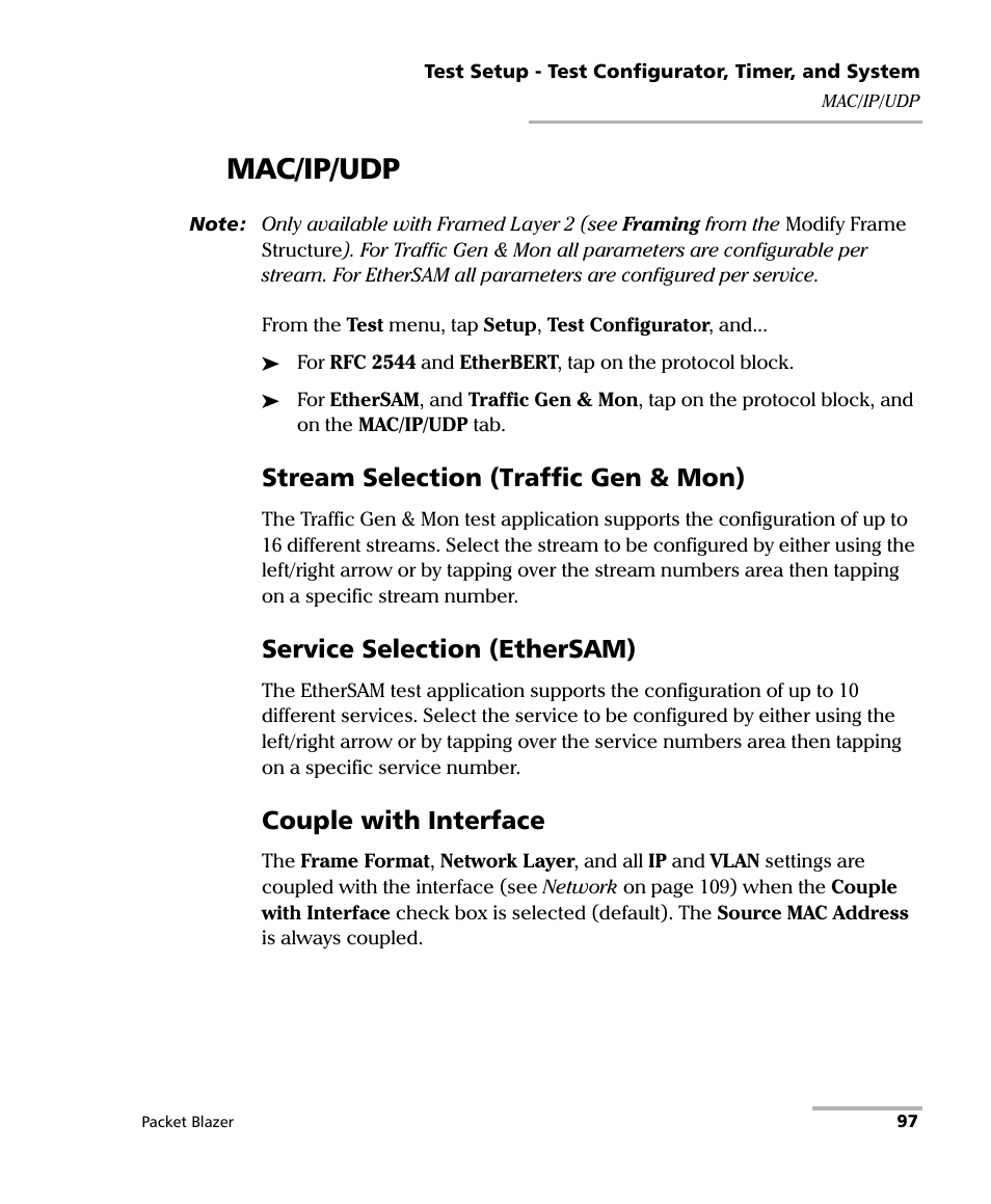 Mac/ip/udp, Stream selection (traffic gen & mon), Service selection (ethersam) | Couple with interface | EXFO FTB/IQS-85100G Packet Blazer for FTB-500/IQS-600 User Manual | Page 107 / 448