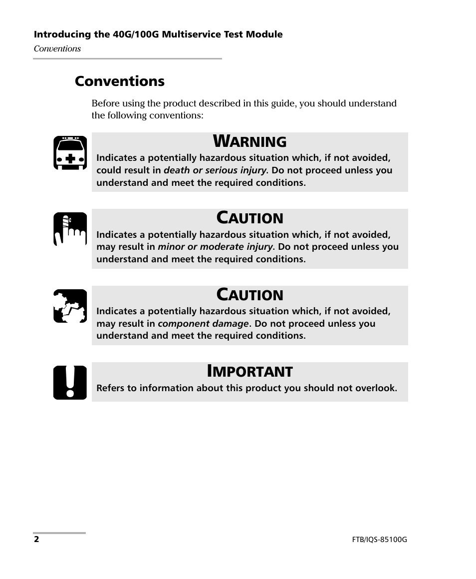 Conventions, Arning, Aution | Mportant | EXFO FTB/IQS-85100G Packet Blazer for FTB-500/IQS-600 User Manual | Page 12 / 448