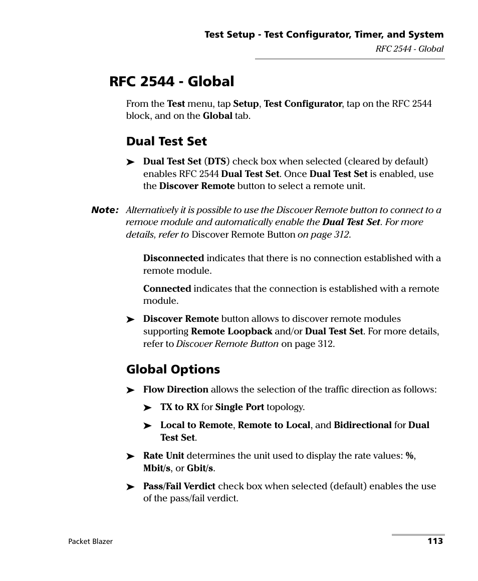 Rfc 2544 - global, Dual test set, Global options | EXFO FTB/IQS-85100G Packet Blazer for FTB-500/IQS-600 User Manual | Page 123 / 448