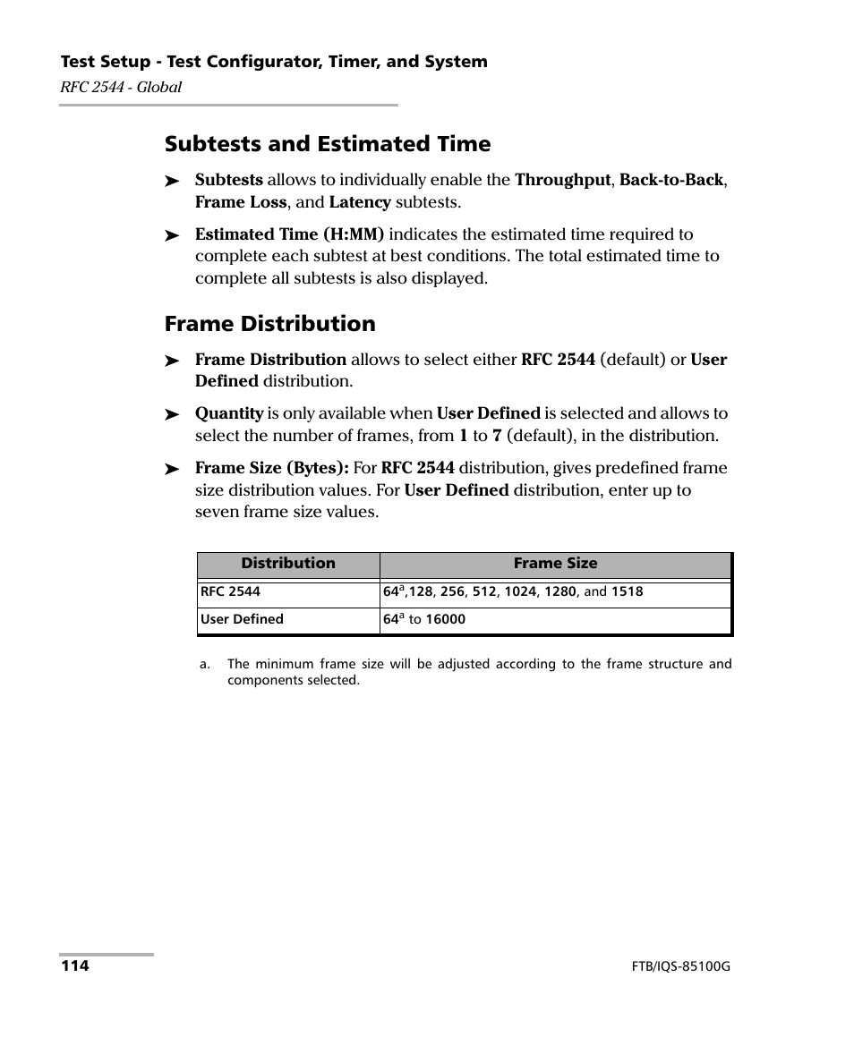 Subtests and estimated time, Frame distribution | EXFO FTB/IQS-85100G Packet Blazer for FTB-500/IQS-600 User Manual | Page 124 / 448