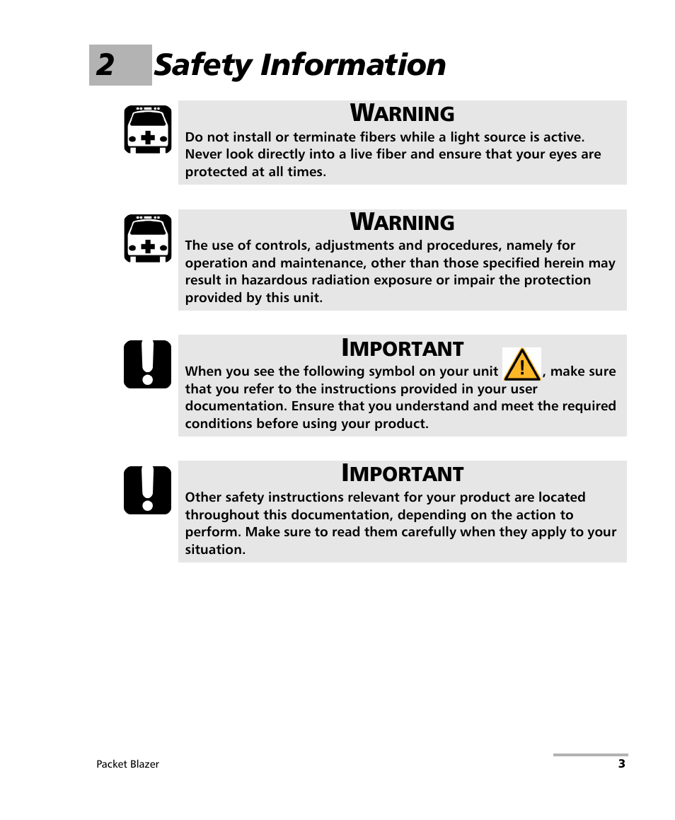 2 safety information, 2safety information | EXFO FTB/IQS-85100G Packet Blazer for FTB-500/IQS-600 User Manual | Page 13 / 448