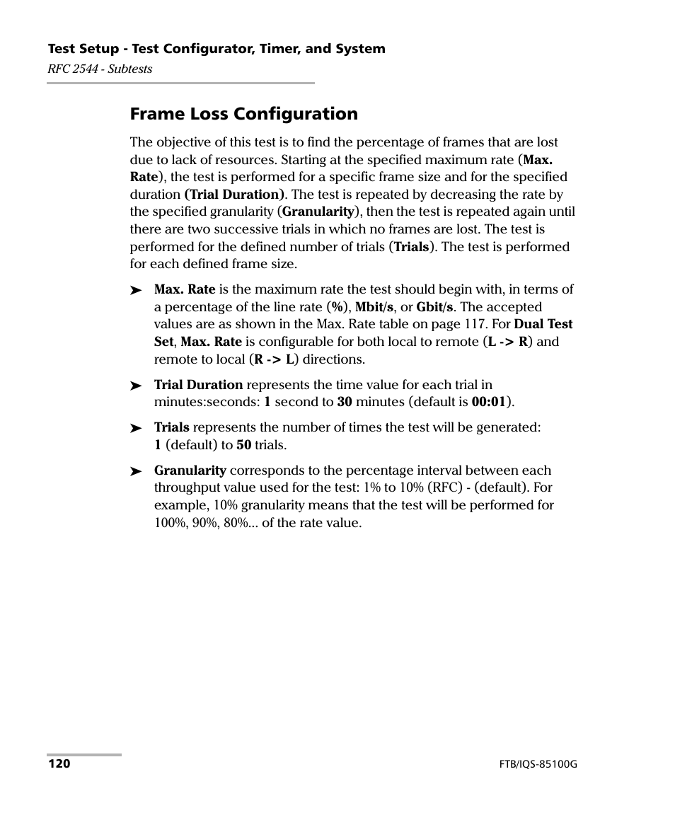 Frame loss configuration | EXFO FTB/IQS-85100G Packet Blazer for FTB-500/IQS-600 User Manual | Page 130 / 448