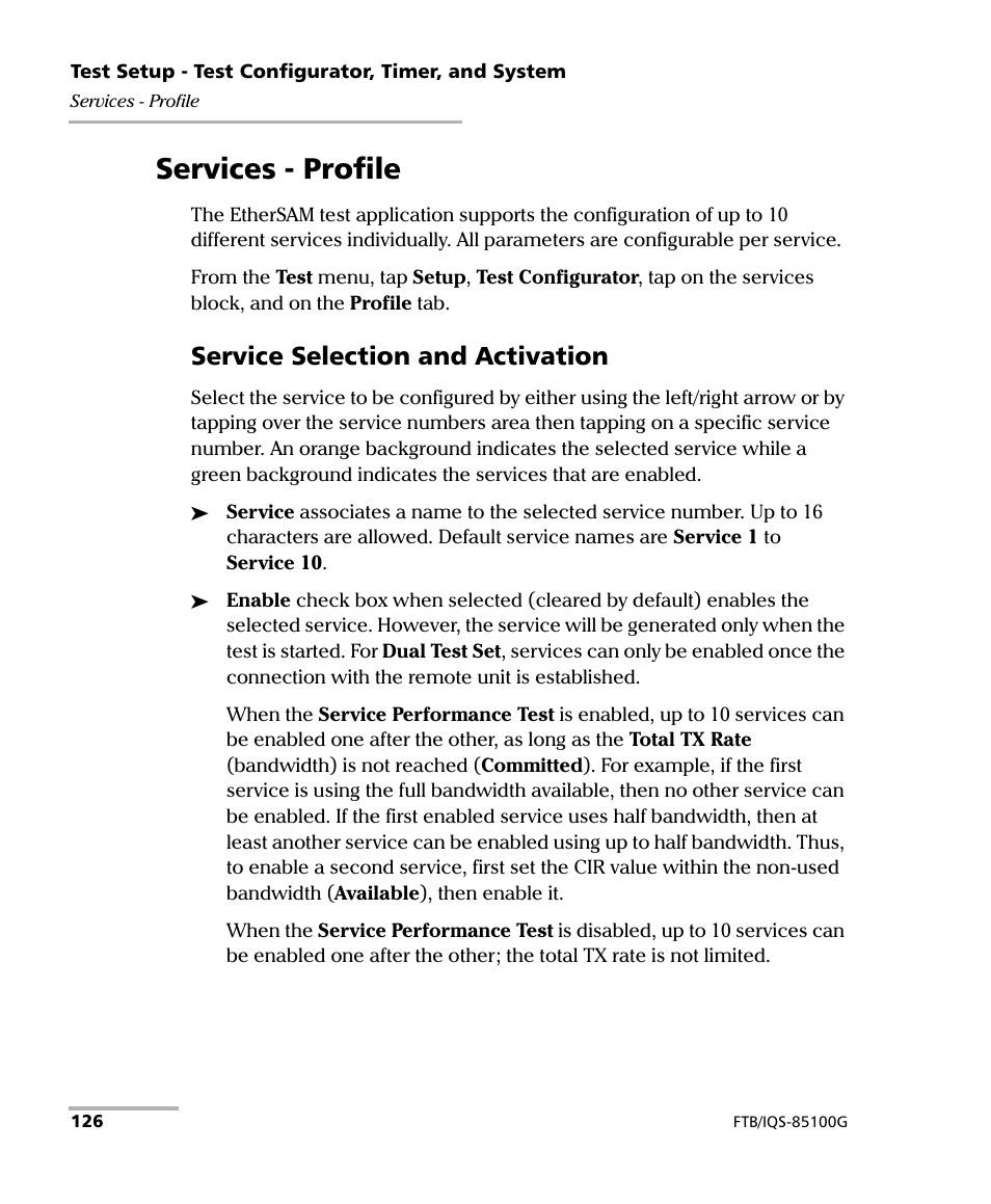 Services - profile, Service selection and activation | EXFO FTB/IQS-85100G Packet Blazer for FTB-500/IQS-600 User Manual | Page 136 / 448