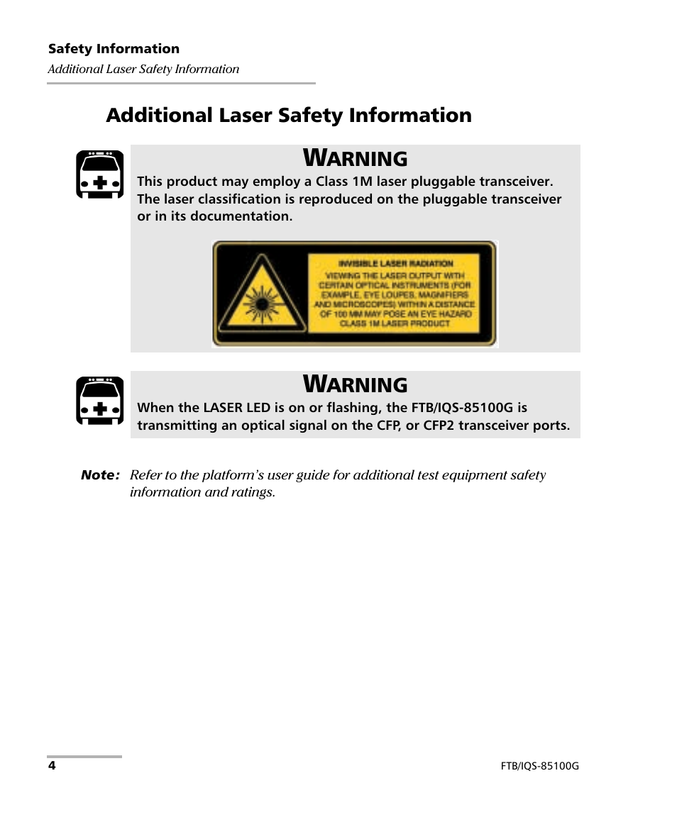 Additional laser safety information, Arning | EXFO FTB/IQS-85100G Packet Blazer for FTB-500/IQS-600 User Manual | Page 14 / 448