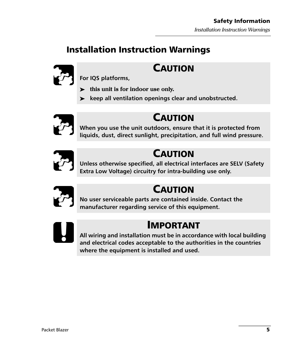 Installation instruction warnings, Aution, Mportant | EXFO FTB/IQS-85100G Packet Blazer for FTB-500/IQS-600 User Manual | Page 15 / 448