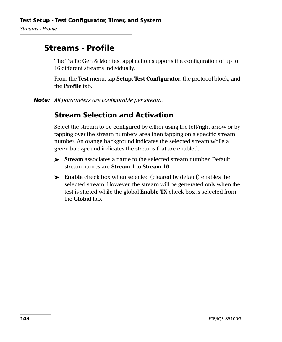 Streams - profile, Stream selection and activation | EXFO FTB/IQS-85100G Packet Blazer for FTB-500/IQS-600 User Manual | Page 158 / 448