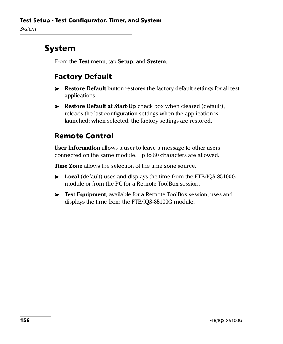 System, Factory default, Remote control | EXFO FTB/IQS-85100G Packet Blazer for FTB-500/IQS-600 User Manual | Page 166 / 448