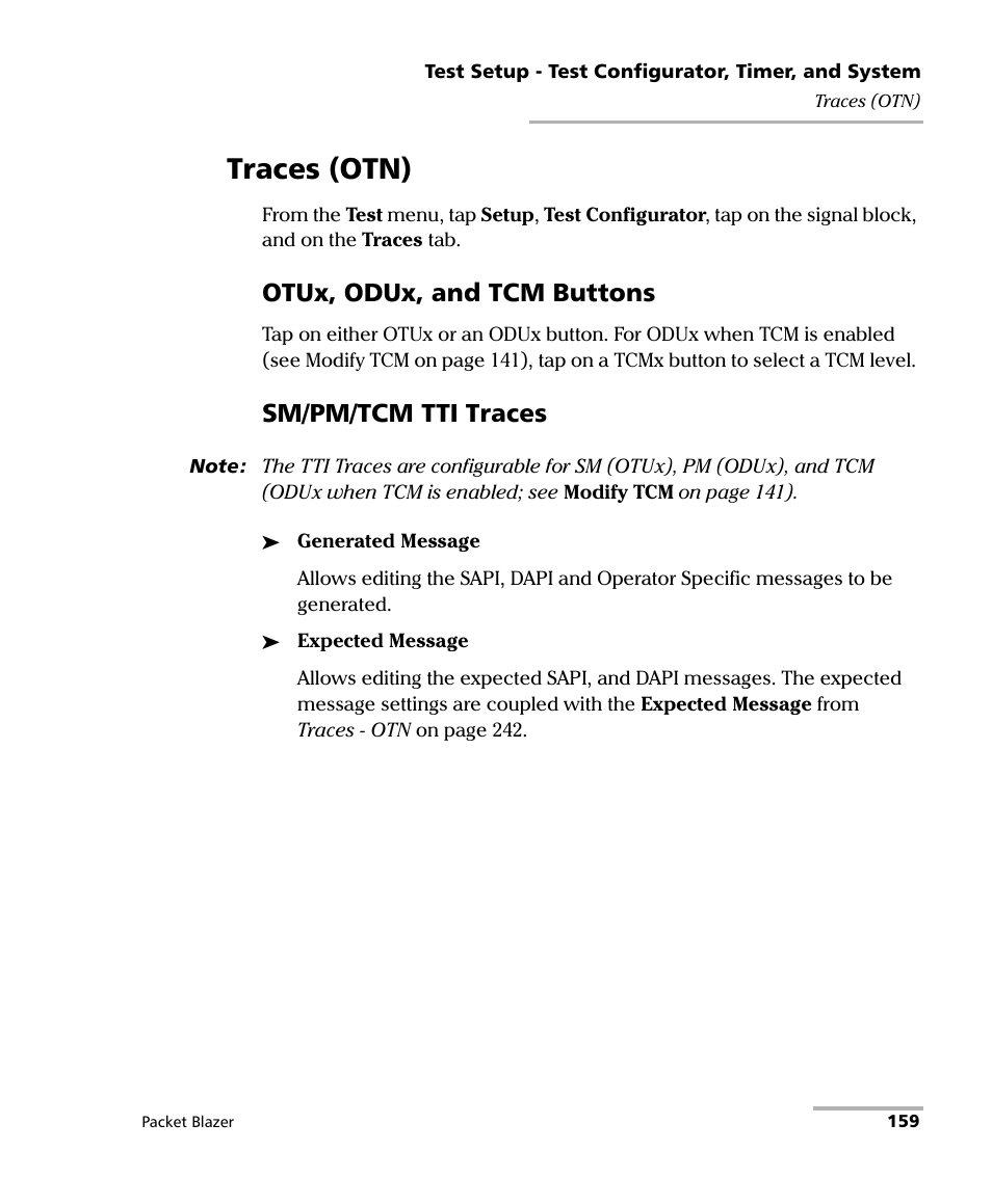 Traces (otn), Otux, odux, and tcm buttons, Sm/pm/tcm tti traces | EXFO FTB/IQS-85100G Packet Blazer for FTB-500/IQS-600 User Manual | Page 169 / 448