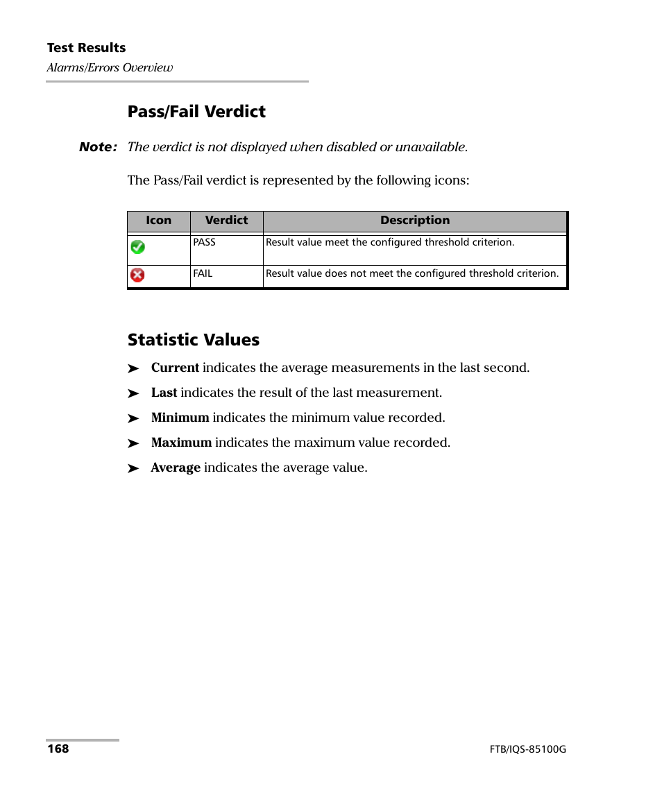 Pass/fail verdict, Statistic values | EXFO FTB/IQS-85100G Packet Blazer for FTB-500/IQS-600 User Manual | Page 178 / 448