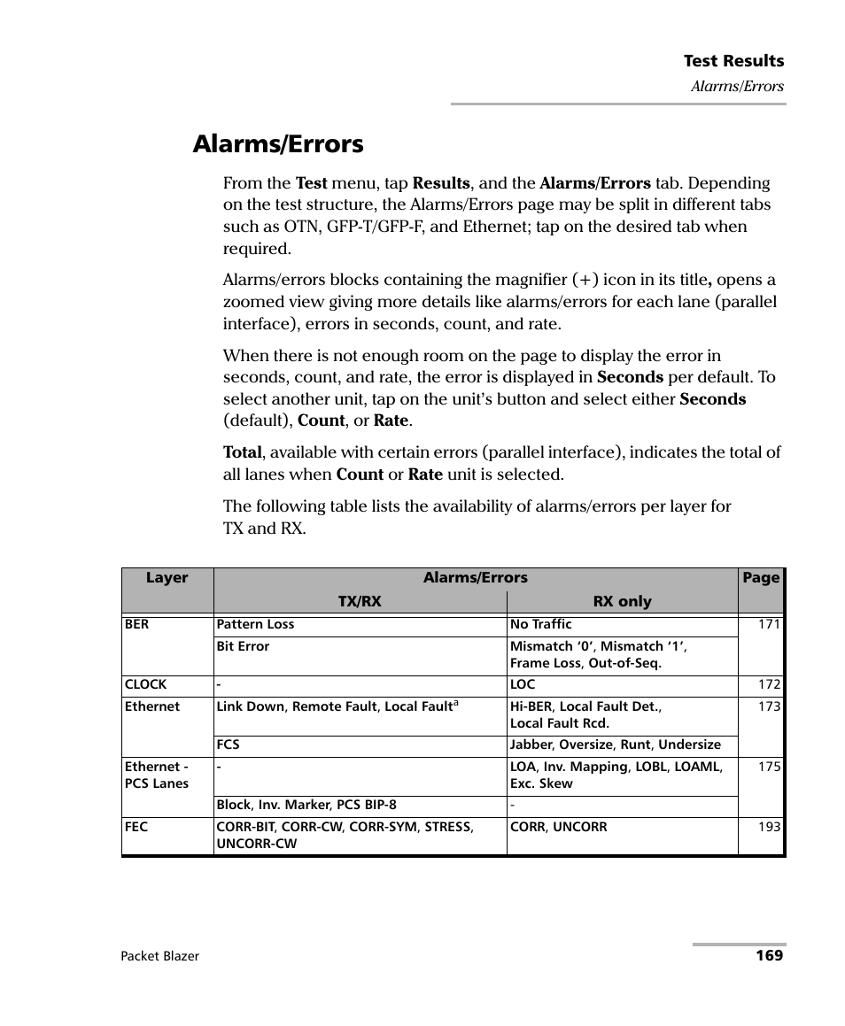 Alarms/errors | EXFO FTB/IQS-85100G Packet Blazer for FTB-500/IQS-600 User Manual | Page 179 / 448