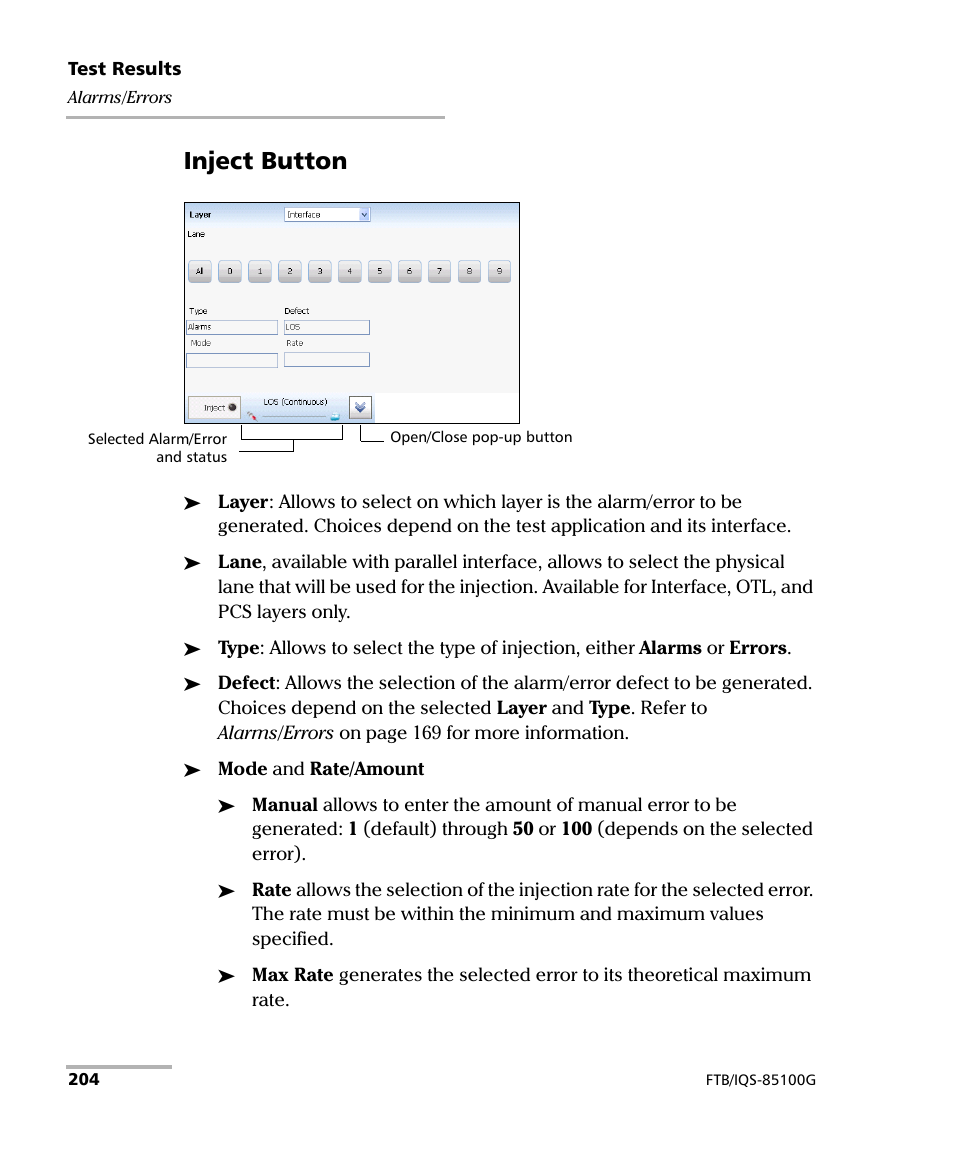 Inject button | EXFO FTB/IQS-85100G Packet Blazer for FTB-500/IQS-600 User Manual | Page 214 / 448