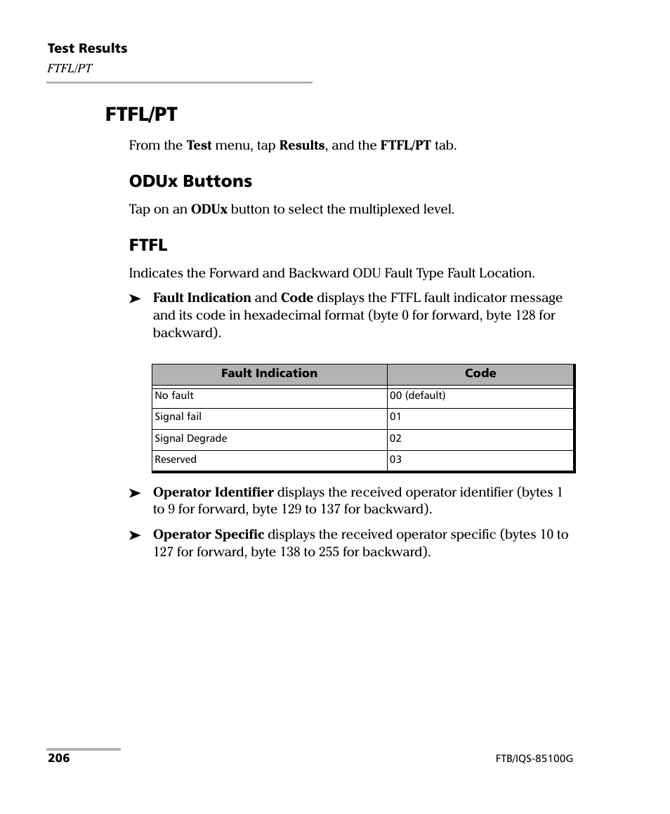 Ftfl/pt, Odux buttons, Ftfl | EXFO FTB/IQS-85100G Packet Blazer for FTB-500/IQS-600 User Manual | Page 216 / 448