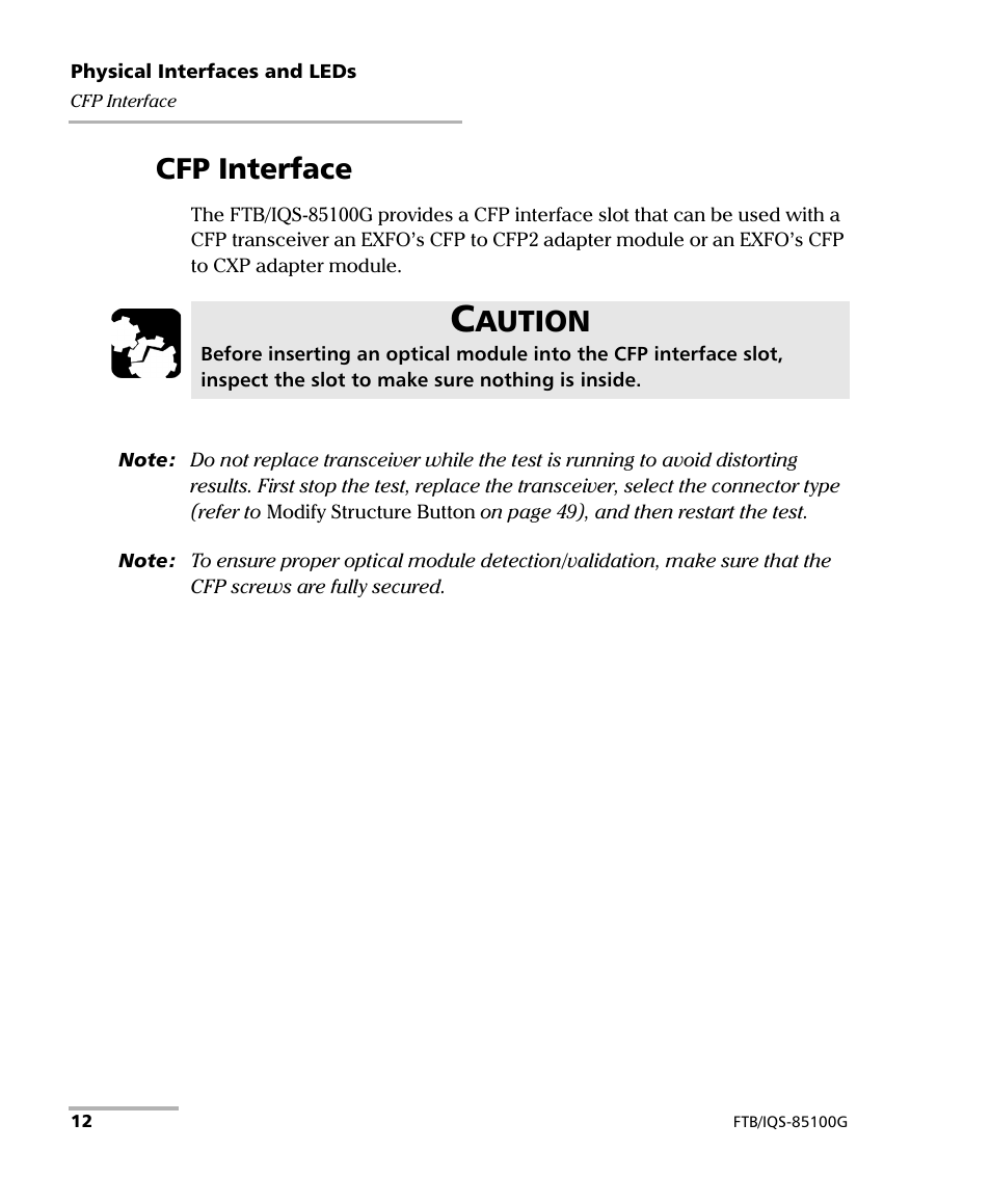 Cfp interface, Aution | EXFO FTB/IQS-85100G Packet Blazer for FTB-500/IQS-600 User Manual | Page 22 / 448